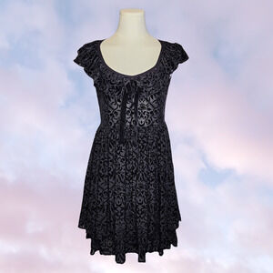 Killstar Black Whimsi Goth Vampy Burnt Velvet Midi Ruffle Sheer Layered Dress M